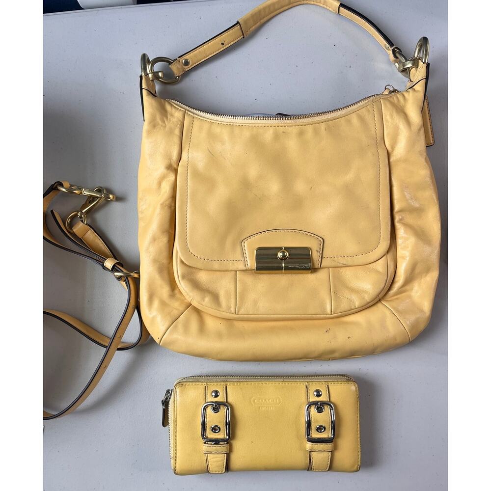 Coach Kristin Yellow Leather Hobo Shoulder Bag Crossbody Purse & Wallet Set - Picture 2 of 10